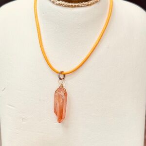 Peach Aura Quartz Point Pendant w/Gold Tone Wire